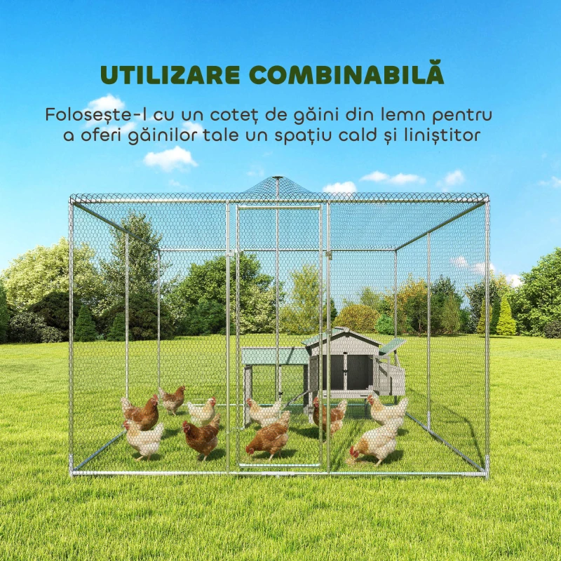 PawHut Țarc pentru Găini de Exterior, 4x3x2m 12㎡ Adăpost pentru Găini din Oțel Galvanizat cu Acoperiș Impermeabil Anti-UV și Închidere Dublă, Coteț pentru Păsări, Animale Mici, Iepuri și Rațe