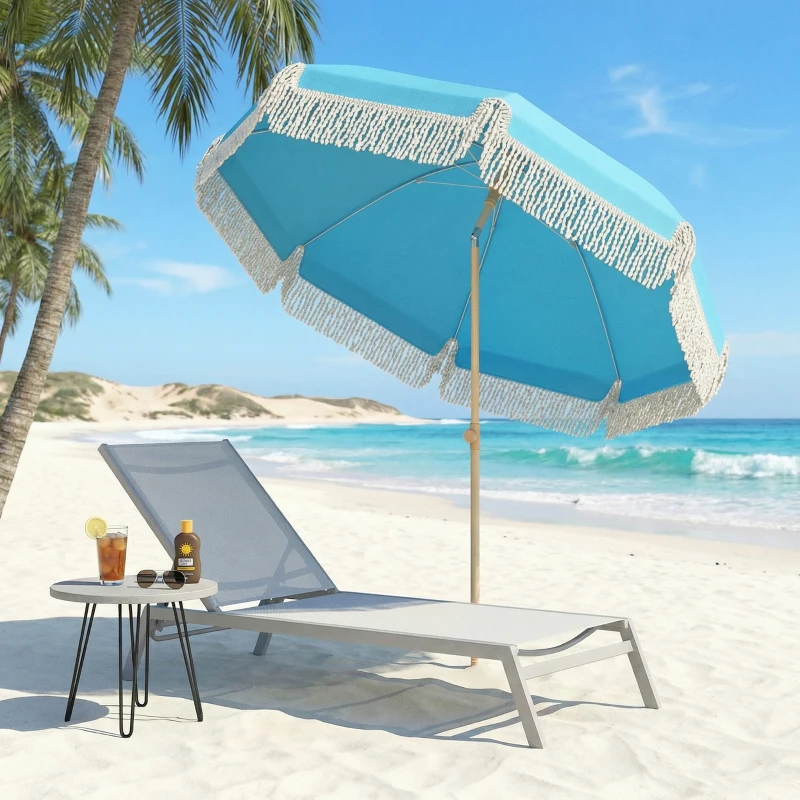 Outsunny 1.7 m Beach Umbrella with Sand Anchor, 30° Tilting Fringed Beach Garden Parasol with Adjustable Height, Grey