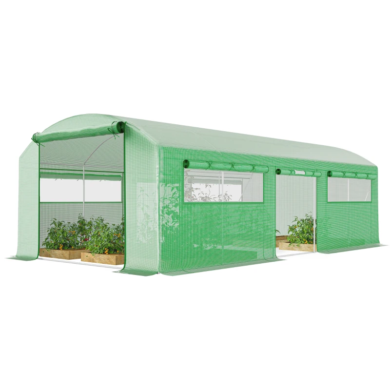 Outsunny Invernadero de Túnel 6x3x2 m con 6 Ventanas de Malla Cubierta de PE Anti-UV y 3 Puertas Enrollables Verde