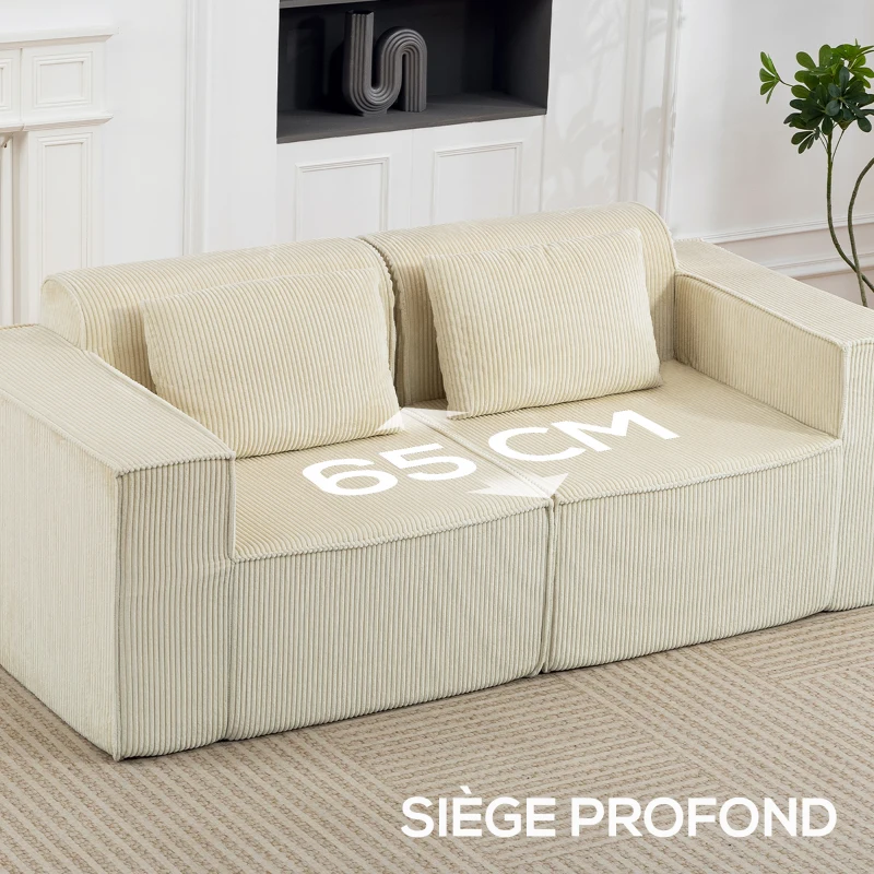 HOMCOM Canapé 3 places en velours côtelé, canapé rembourré, larges accoudoirs, 2 coussins, pas de montage, 202x90x76cm, beige