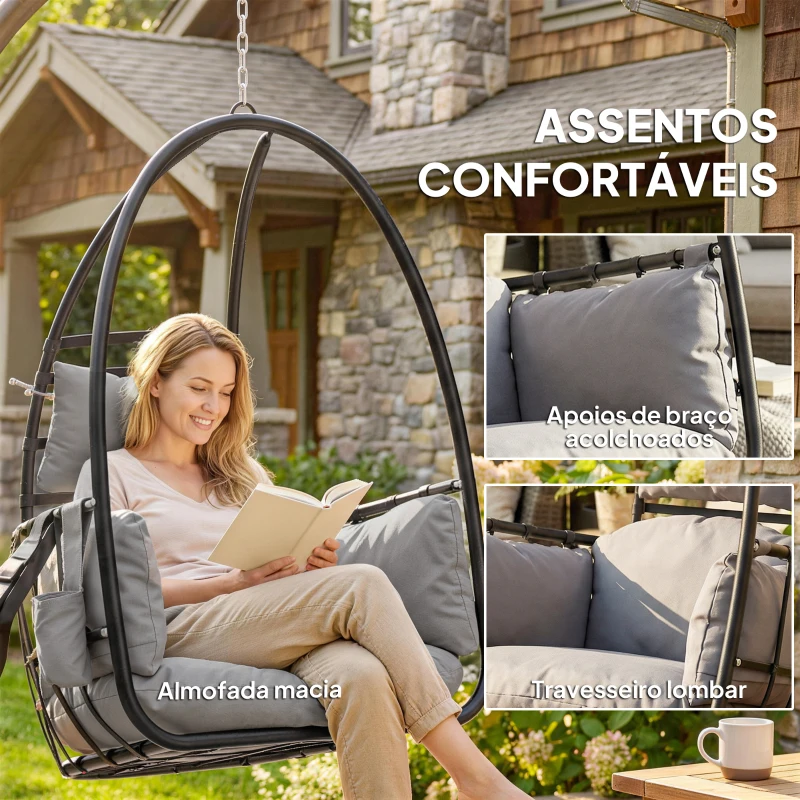 Outsunny Cadeira Suspensa Tipo Ovo com Suporte Cesto Dobrável Apoio de Cabeça Almofada Bolso Lateral Capacidade 120 kg Cinzento Escuro