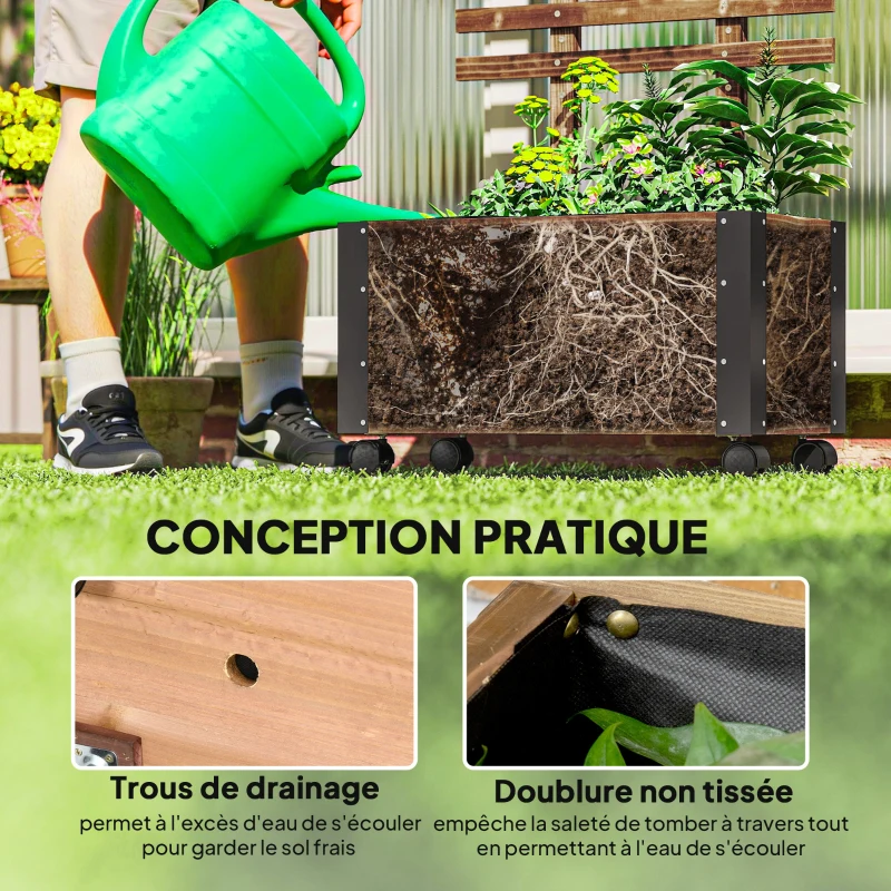 Outsunny Jardinière avec treillis bac à fleurs avec film géotextile et roulettes 65 x 31 x 147 cm bois sapin pré-huilé