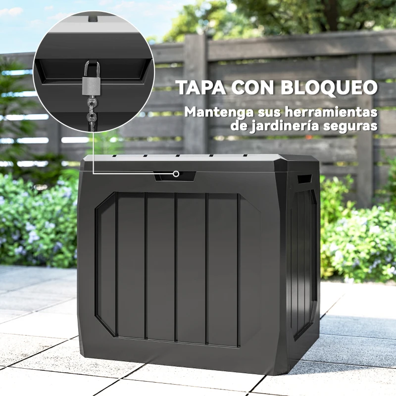 Outsunny Baúl de Almacenaje Exterior de Plástico Capacidad 121L con 2 Asas y Tapa Bloqueable Impermeable 56x45x53 cm Negro