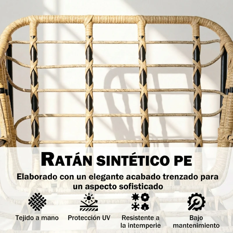 Outsunny Conjunto de Jardín Exterior de 3 Piezas de Ratán PE 2 Sillas con Cojines Suaves y Mesa de Vidrio Templado Caqui