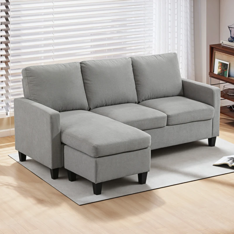 HOMCOM Canapé d'angle canapé 3 places avec méridienne réversible gauche ou droite pour salon, bureau, appartement, tissu polyester 197L x 139l x 91H cm gris clair