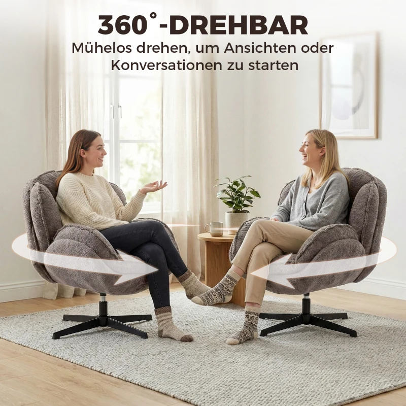 HOMCOM Moderner Wingback-Sessel, Samt-Armlehnsessel mit Vier-Sterne-Basis, S-Federn, 360° Drehfunktion, Grau