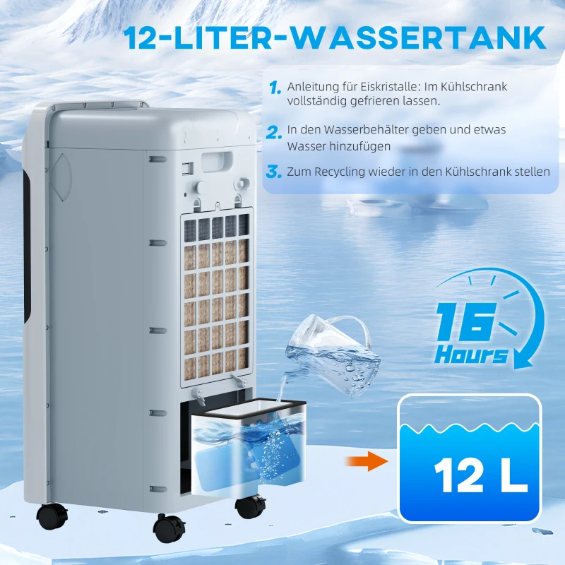 HOMCOM Luftkühler mit Wasserkühlung Fernbedienung 3 Modi, 3 Geschwindigkeiten, 12 Std-Timer, LED-Anzeige, 38x35x81 cm Weiß
