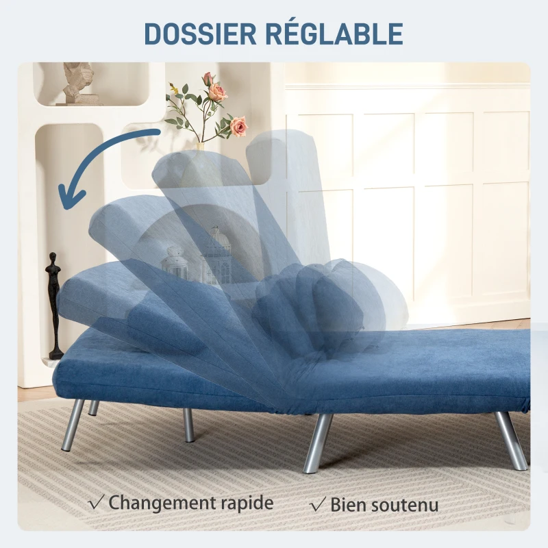 HOMCOM Fauteuil convertible 1 place, fauteuil-lit clic-clac 3 en 1 avec dossier réglable, oreiller, assise large, bleu