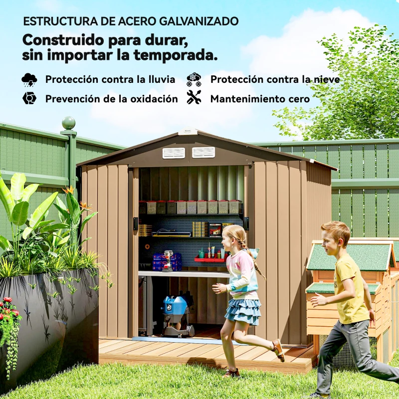 Outsunny Cobertizo de Jardín Exterior 2,42 m² 213x130x185 cm con Puerta Corredera Ventilación Guantes Amarillo