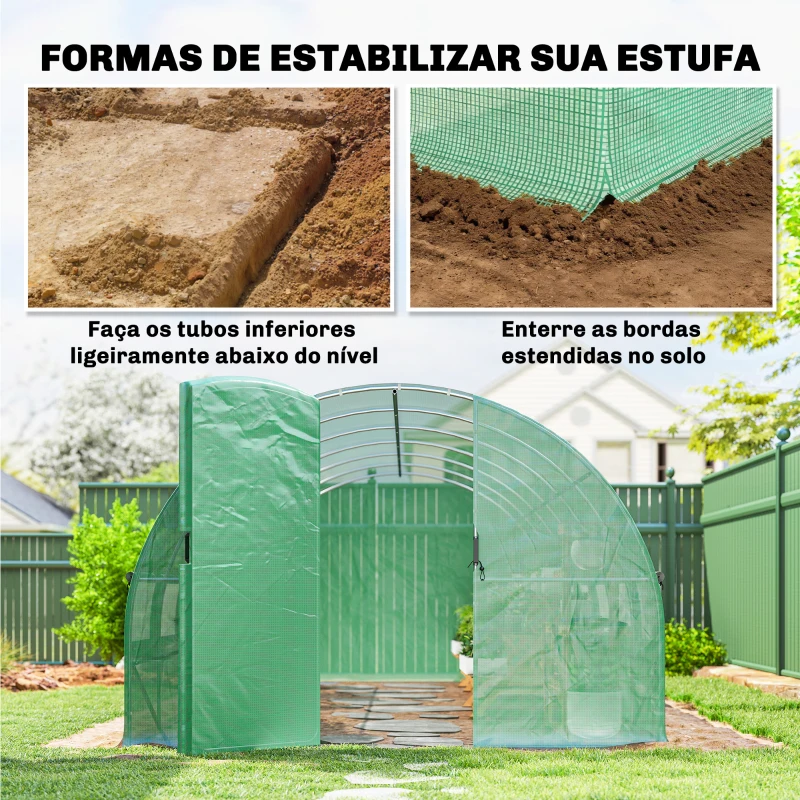 Outsunny Estufa Túnel 6x3x2 m com Porta com Dobradiças 12 Janelas com Rede e Estrutura de Aço Galvanizado Verde