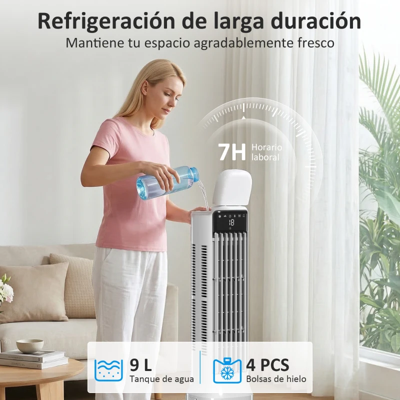 HOMCOM Climatizador Evaporativo de Torre 3 en 1 con Depósito de 9 L Oscilación 48° 3 Velocidades 3 Modos Temporizador Blanco
