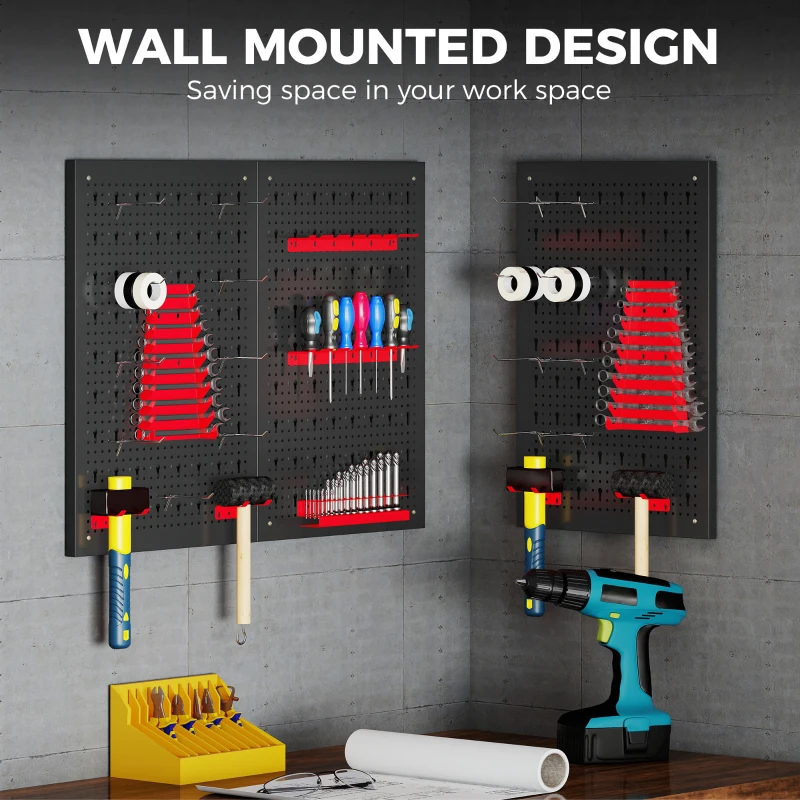 HOMCOM Lagersystem Wandregal 60 x 40 cm, 28 stck. Schüttenregal mit Haken Ablagefächern, Werkstattregal, Schwarz+Rot