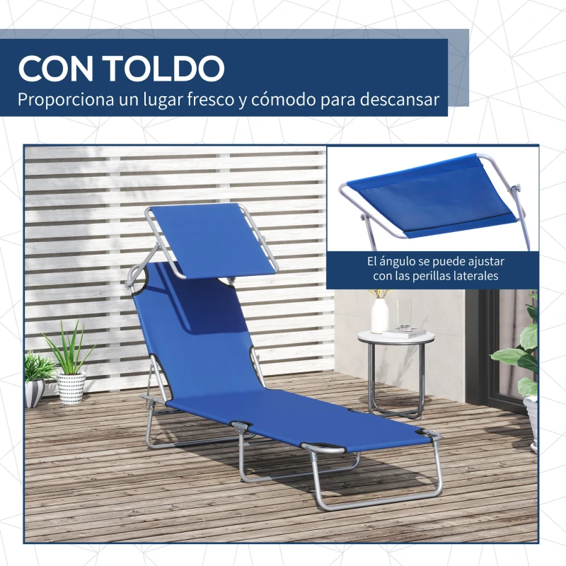 Outsunny Tumbona de jardín Plegable con Toldo y Respaldo Reclinable para Jardín Terraza Acampada 187x58x36cm Azul