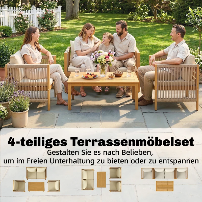 Outsunny Gartenmöbel Set Holz Sitzgruppe für 4 Personen mit 2er Sofa 2 Sessel Tisch Seilflecht Lamellendesign waschbar Kissen