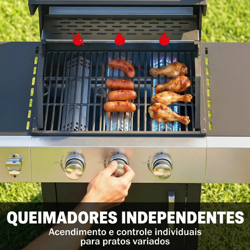 Outsunny Barbecue a Gás com 3 Queimadores 8,1 kW Termómetro Grelhas Mesas Laterais Armário e Rodas 109x50x109 cm Preto