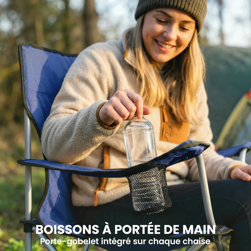 Outsunny Lot de 2 Chaises de Camping Pliantes avec Porte-Gobelet, Sac de Transport, Dossier Haut, 88x57x97cm, Bleu Foncé