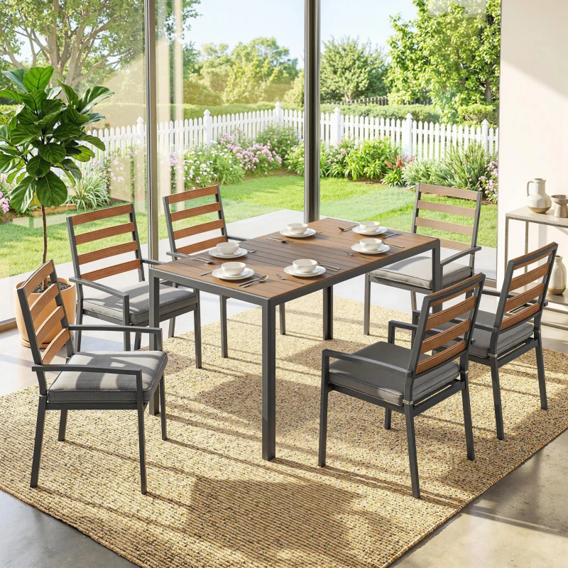 Outsunny Set mobilier grădină 7 piese, set cu 1 masă de dining, 6 scaune, perne, pentru terasă, lemn natural