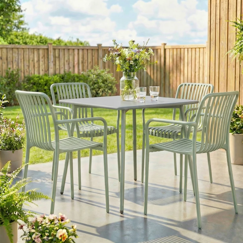 Outsunny Lot de 4 Chaises de Jardin Empilables en Polypropylène Anti-UV Accoudoirs et Dossier à Lattes Ergonomique Gris Vert