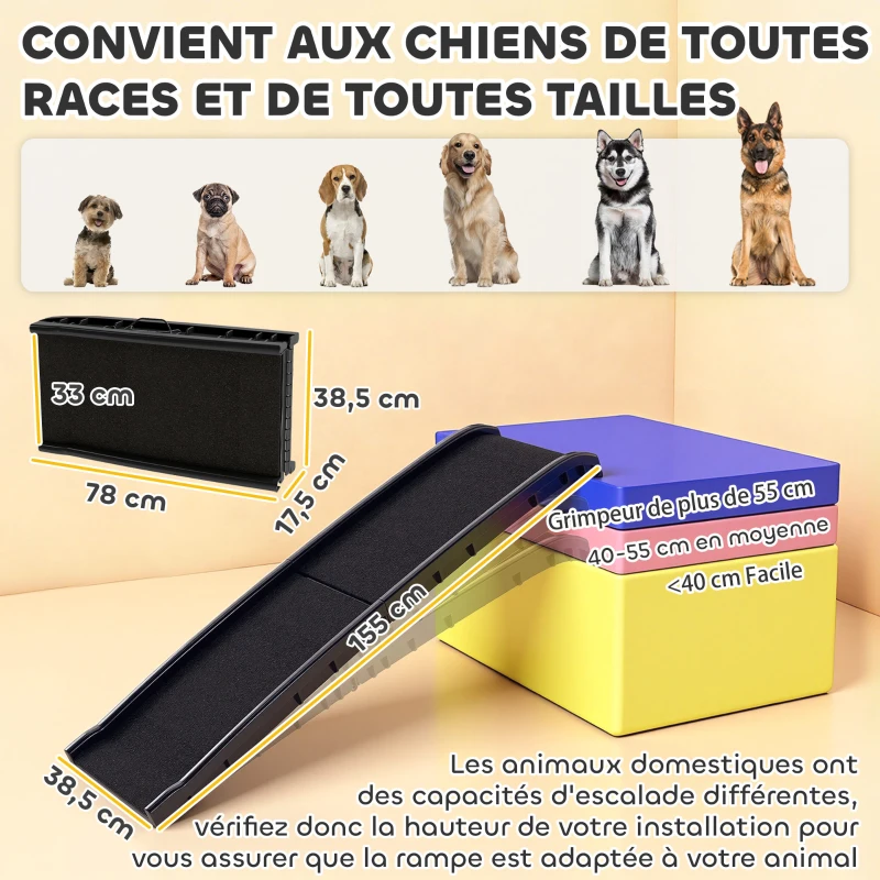 PawHut Rampe pliable pour chiens, escalier pour chien en PP avec pente douce et surface antidérapante, 155x38,5x15,5cm, noir