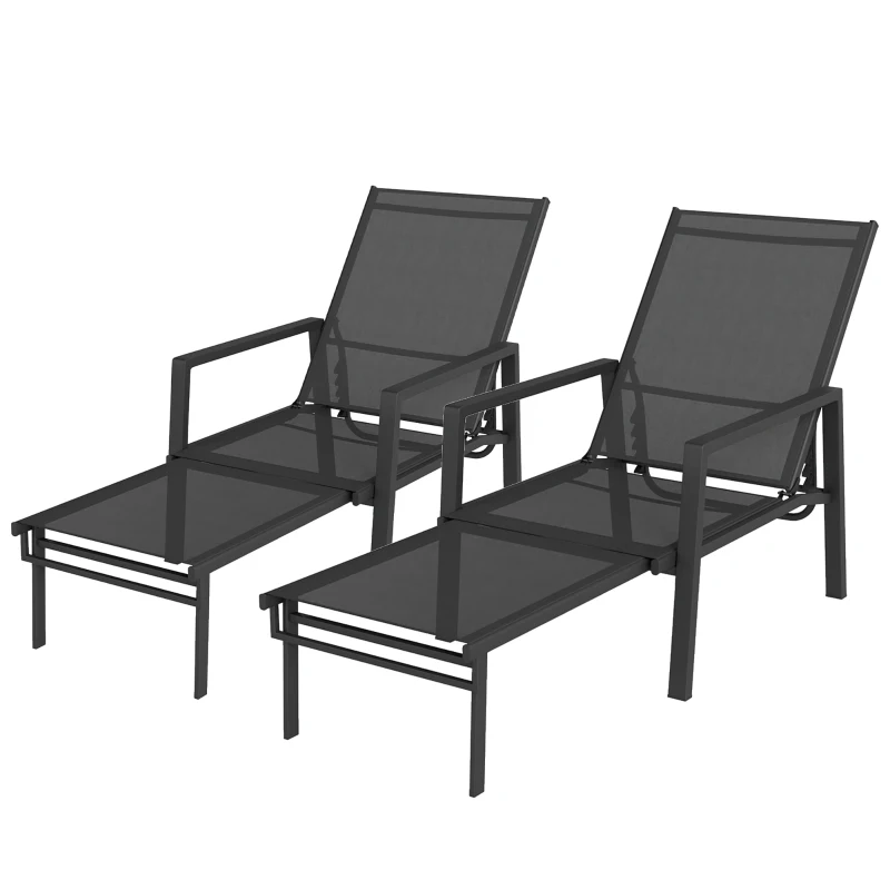 Outsunny Sun Loungers Set of 2 Retractable Footrest 5-Position Adjustable Steel Frame for Beach, Porch, Patio, Camping, Black