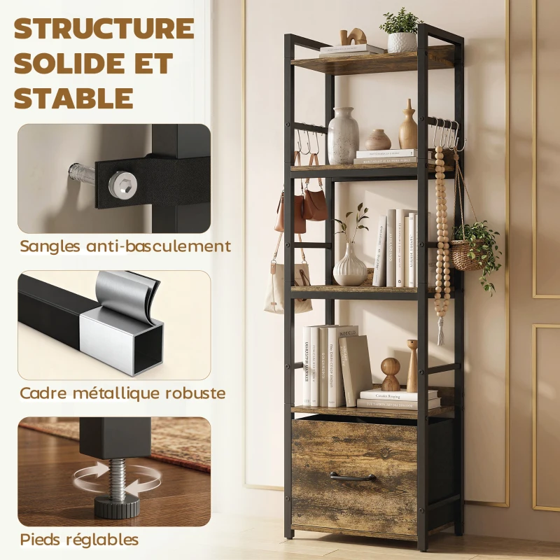 HOMCOM Bibliothèque à 4 niveaux, étagère de rangement étroite avec tiroir, 8 crochets, , 39 x 26 x 136,5 cm, brun rustique