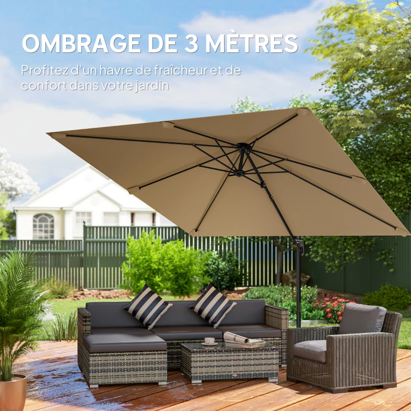Outsunny Parasol déporté carré 3 x 3 m, parasol de jardin extérieur, rotation 360°, inclinable 5 positions, base en croix, kaki