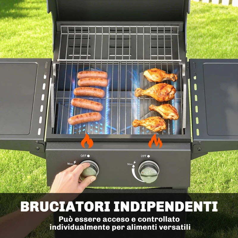 Outsunny Barbecue a Gas Propano con 2 Bruciatori, Portatile, Termometro, Nero