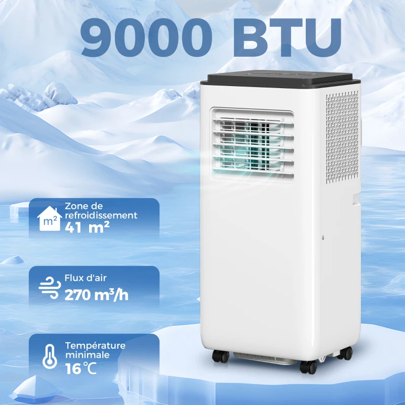 HOMCOM Climatiseur mobile 9000BTU 2,6kW 5 en 1 refroidissement, déshumidificateur, ventilateur, auto, mode nuit, 2 vitesses