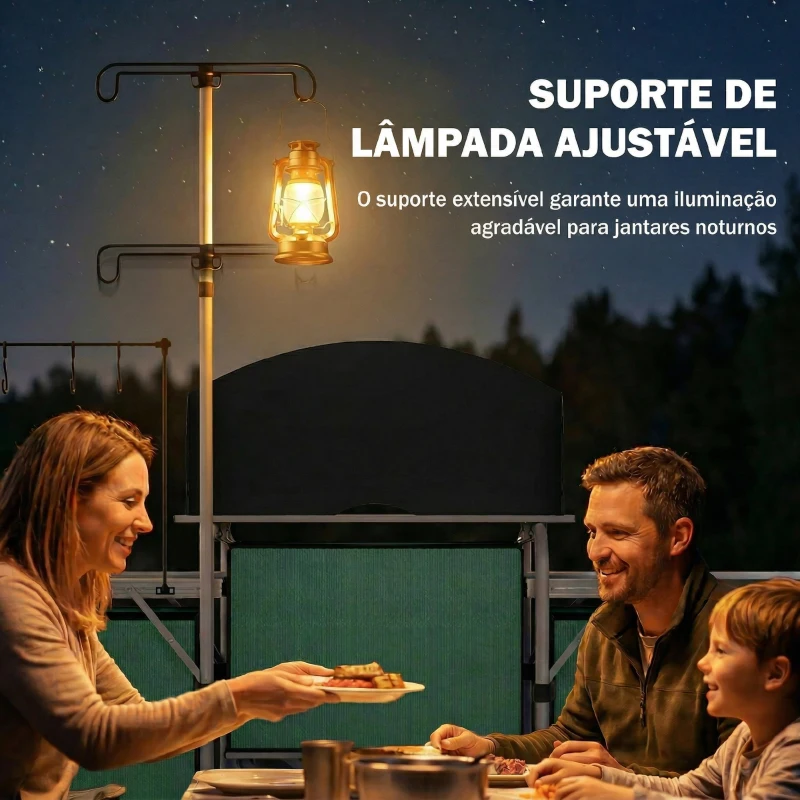 Outsunny Móvel de Cozinha para Campismo Dobrável com 3 Mesas 4 Ganchos Poste de Luz e Bolsa de Transporte 172x48x119 cm Verde