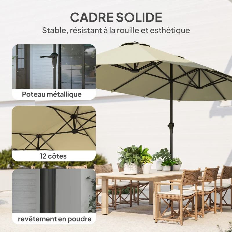 Outsunny Parasol de jardin extérieur, parasol double rectangulaire 4 x 2,2 x 2,3 m avec ouverture fermeture manivelle crème