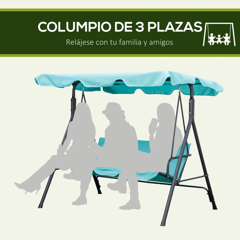Outsunny Balancín de Jardín Exterior Columpio de 3 Plazas con Toldo Ajustable y Marco de Acero 172x110x153 cm Verde Azulado