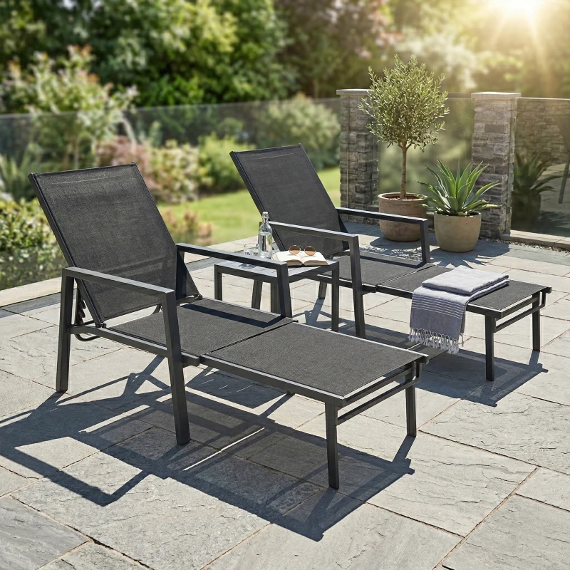 Outsunny Sun Loungers Set of 2 Retractable Footrest 5-Position Adjustable Steel Frame for Beach, Porch, Patio, Camping, Black