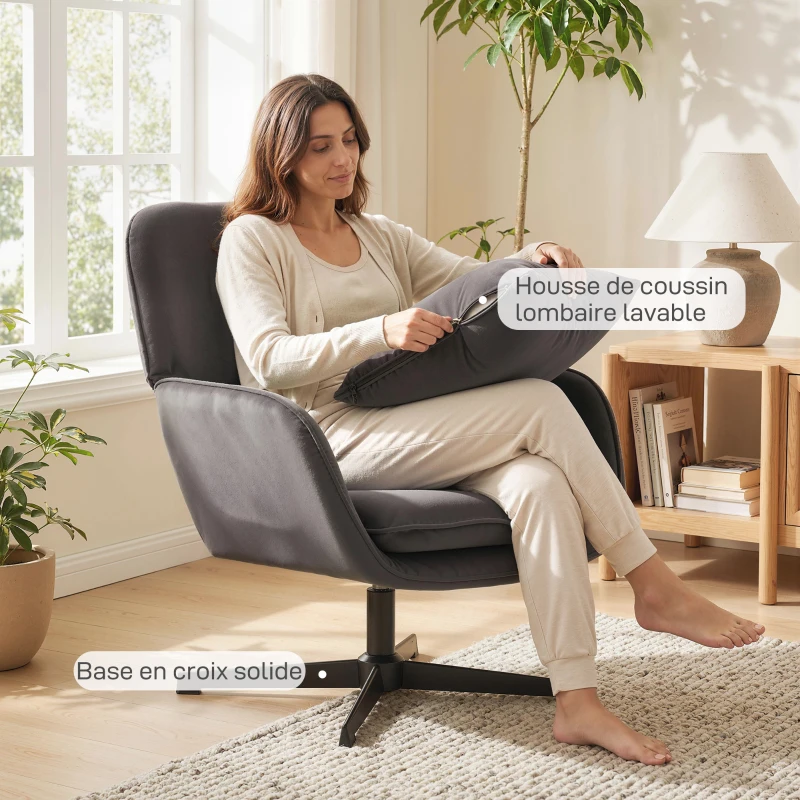 HOMCOM Fauteuil salon, fauteuil d'appoint rembourré en velours avec large assise, coussin et structure en métal, gris foncé