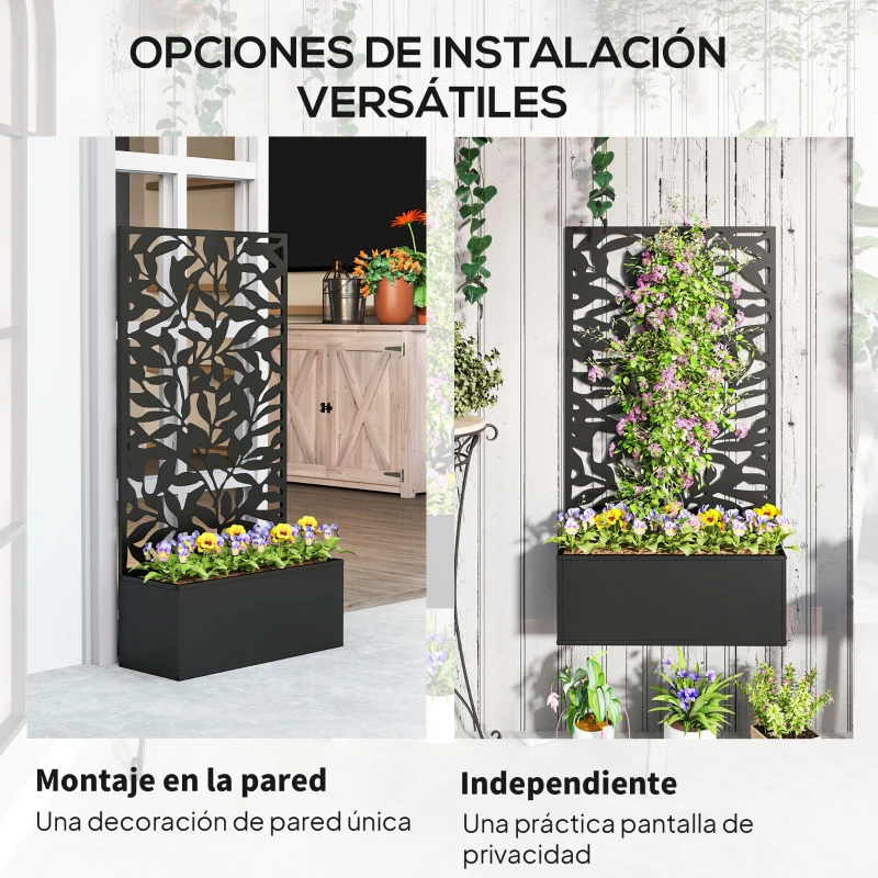 Outsunny Jardinera Elevada con Panel de Privacidad de Hojas Decorativas de Metal y Opción de Montaje en Pared 61x23x113 cm Negro