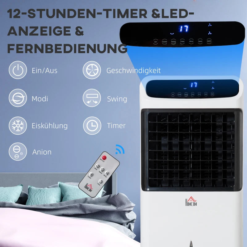 HOMCOM Luftkühler mit Wasserkühlung Fernbedienung 3 Modi, 3 Geschwindigkeiten, 12 Std-Timer, LED-Anzeige, 38x35x81 cm Weiß