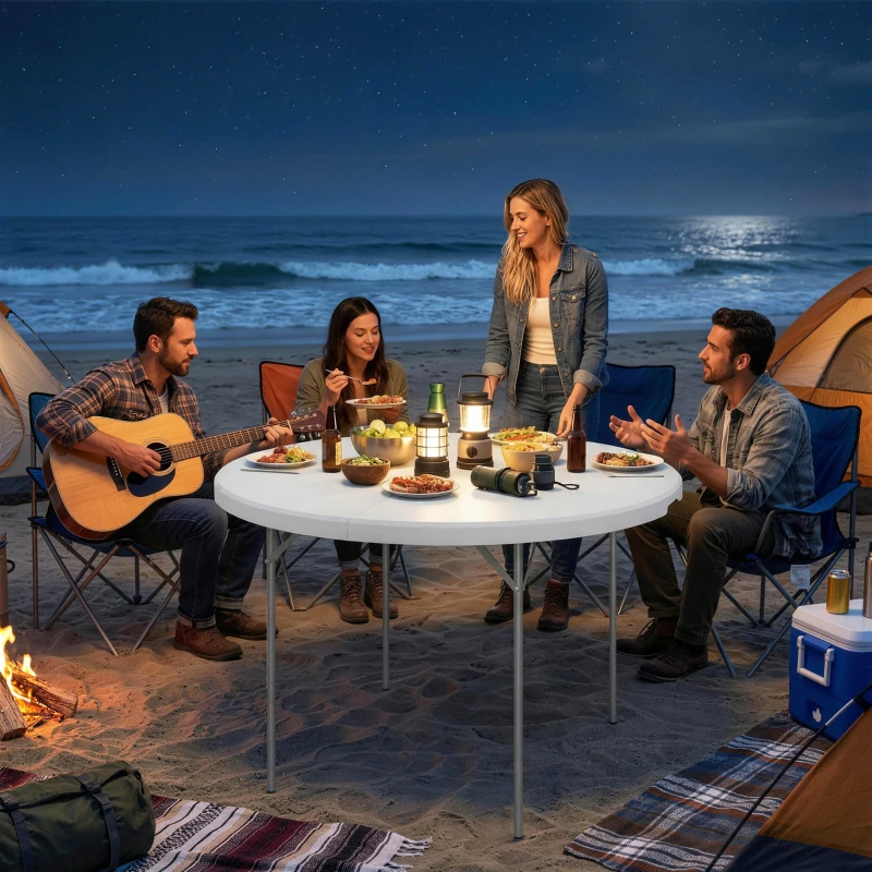 Outsunny Mesa Plegable Camping 120x120x74 cm Mesa Plegable Portátil con Encimera de HDPE Almohadillas Antideslizantes Blanco