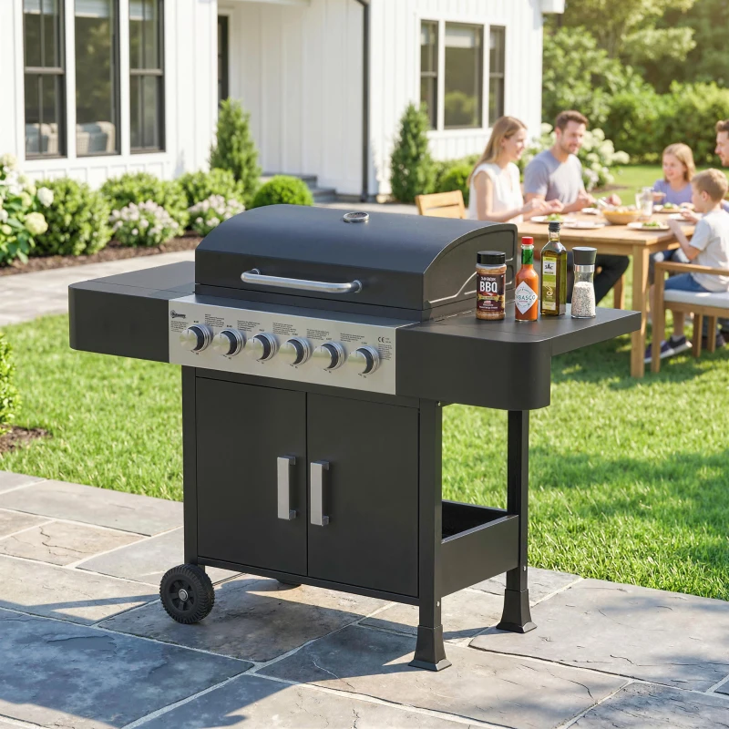 Outsunny Barbacoa de Gas con 6 Quemadores Termómetro Parrilla Mesas Laterales Armario y Ruedas 135x51x101 cm Negro