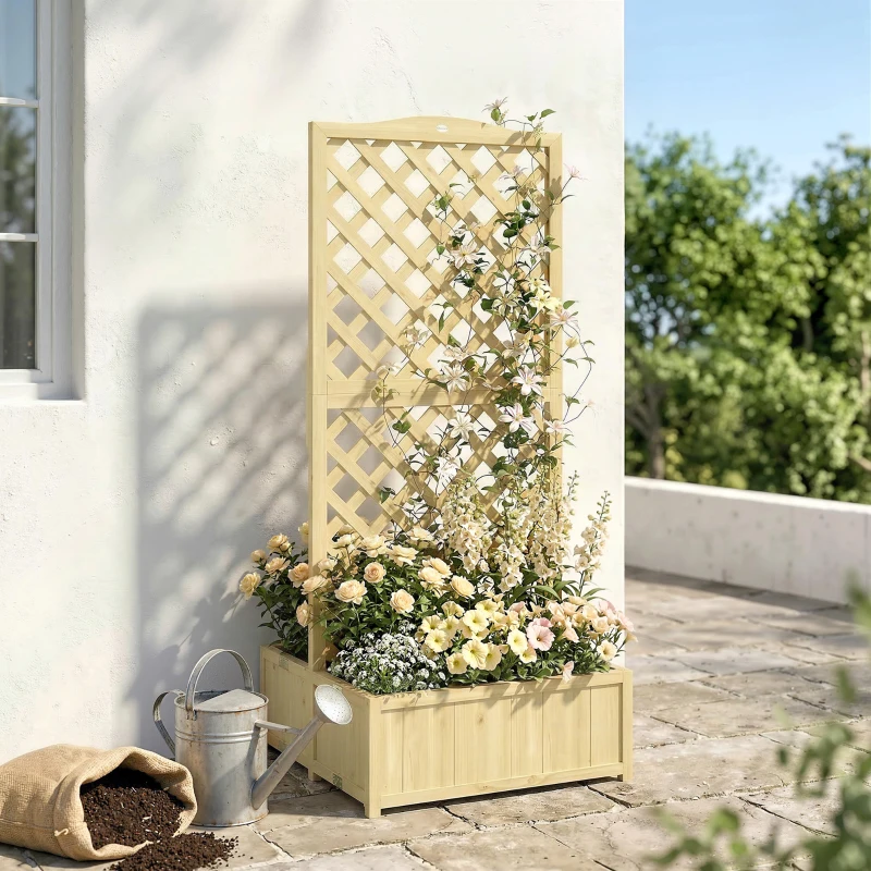 Outsunny Jardinière avec Treillis Carré Potager Bois Pliable Double Bac à Fleurs pour Plantes Grimpantes 73 x 70 x 170 cm Naturel