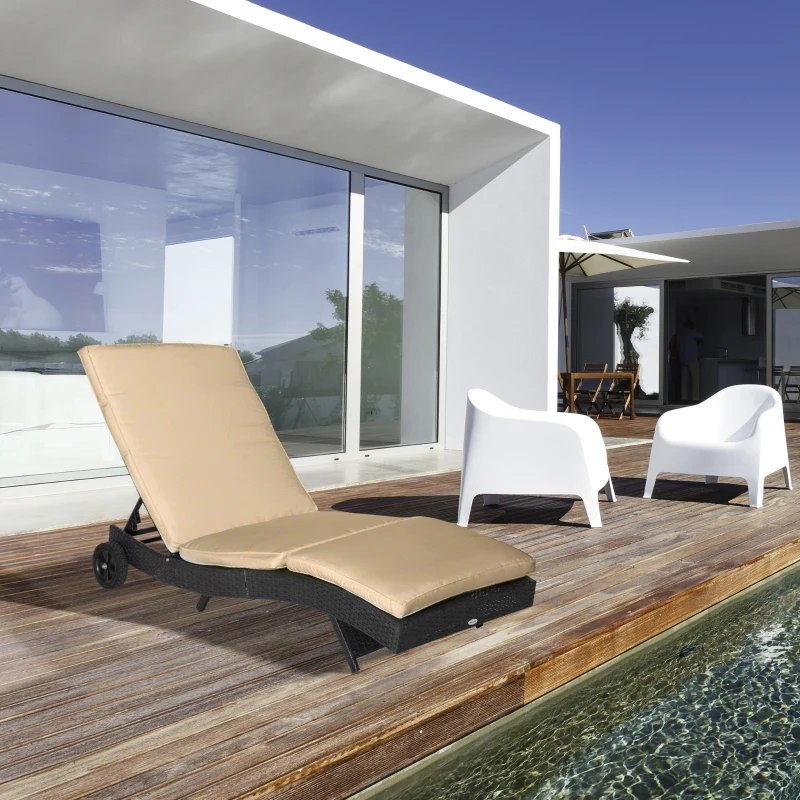 Outsunny Bain de soleil transat grand confort - dossier inclinable 5 positions roulettes - matelas déhoussable inclus - résine tressée noire et beige