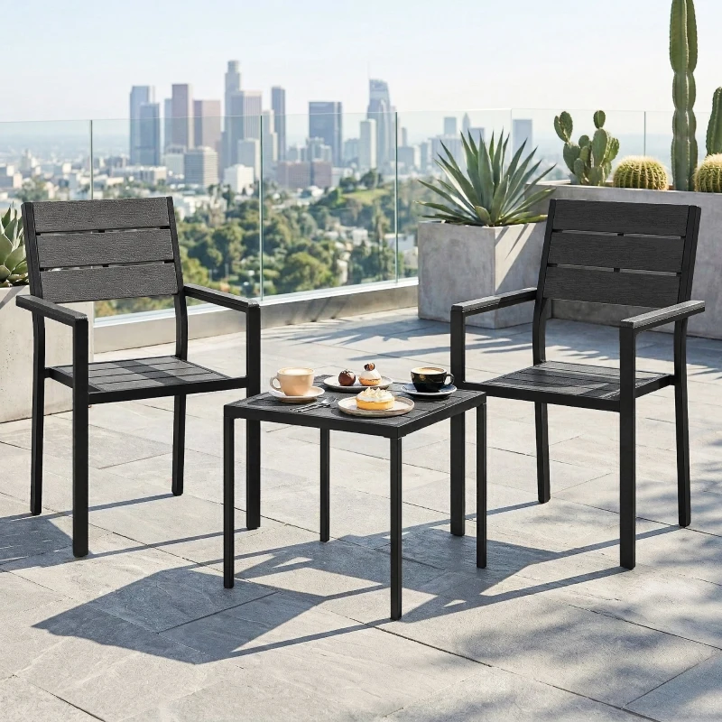 Outsunny Set bistro de grădină 3 piese masă bistro cu 2 scaune, design lamele, aspect lemn, blat HDPE rezistent la rugină