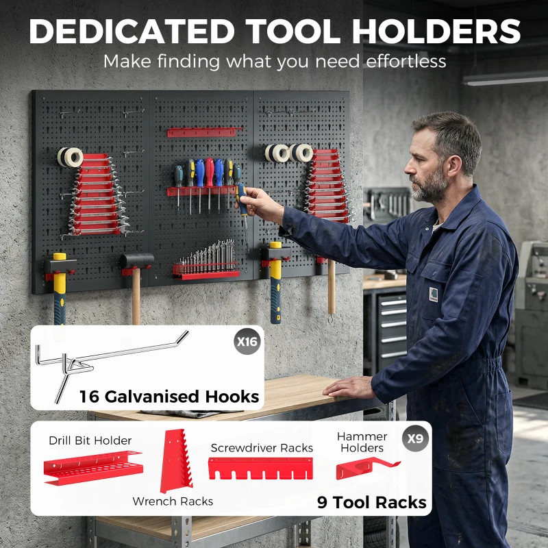 HOMCOM Lagersystem Wandregal 60 x 40 cm, 28 stck. Schüttenregal mit Haken Ablagefächern, Werkstattregal, Schwarz+Rot
