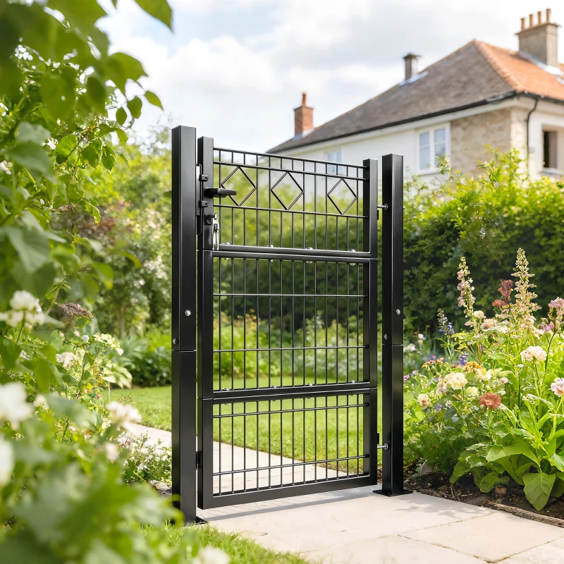 Outsunny Puerta de Jardín 100 x 131 cm Puerta de Valla de Metal Galvanizado con Cerradura Llaves Manilla y 2 Postes Gris Oscuro