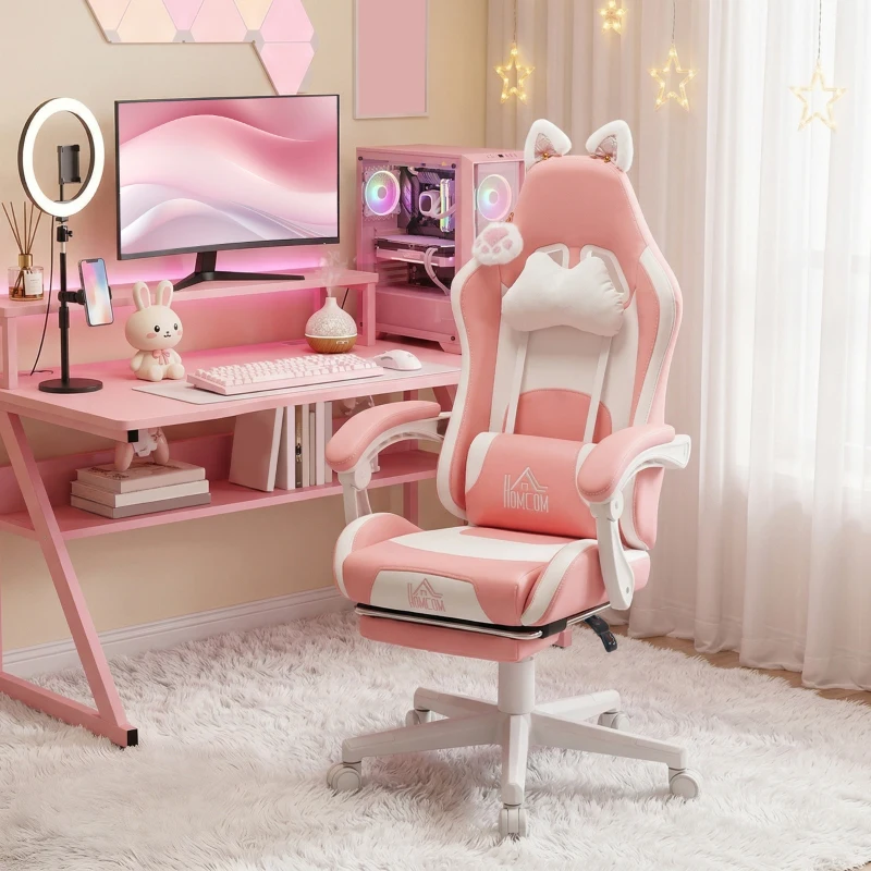 HOMCOM Cat Ear and Paw Reclining Office Chair, with Footrest - Pink/White