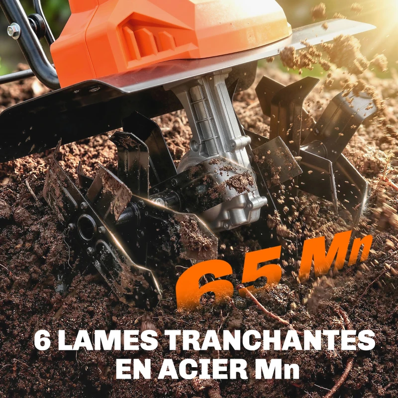 Outsunny Motobineuse Électrique Motoculteur 1500W 6 Lames 65Mn Largeur 40cm Profondeur 20cm Pliable et Étanche IPX4 Orange