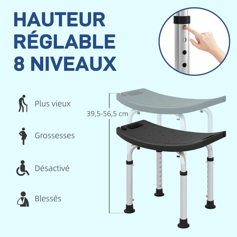 HOMCOM Tabouret de douche pour personnes âgées et handicapées avec hauteur réglable, patins antidérapants, noir