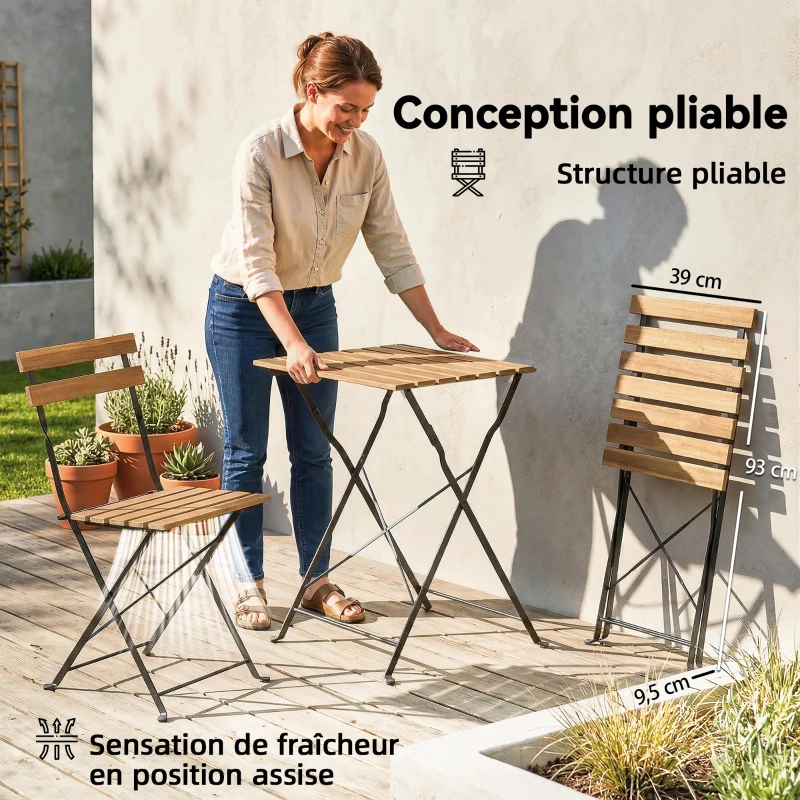 Outsunny Ensemble de Salon de Jardin Bistrot 3 Pièces, 2 Chaises Pliantes, Table Carrée en Bois d'Acacia, 55x55x71cm, Naturel