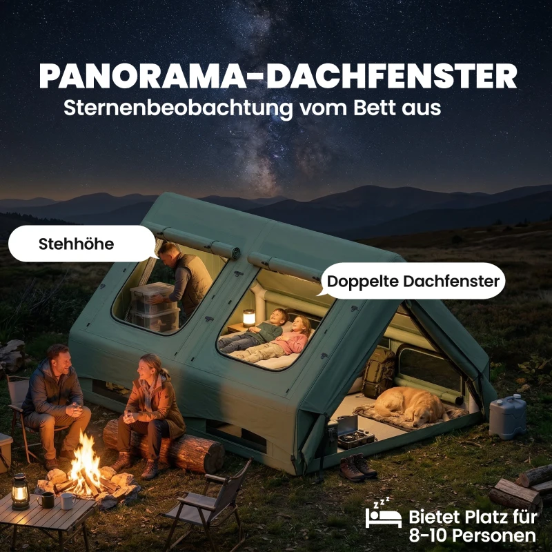 Outsunny Aufblasbares Zelt 8-10 Personen Schneller Aufbau 4-Jahreszeiten Wasserdicht Kratzfest Zelt mit Kaminöffnung Dachfenster