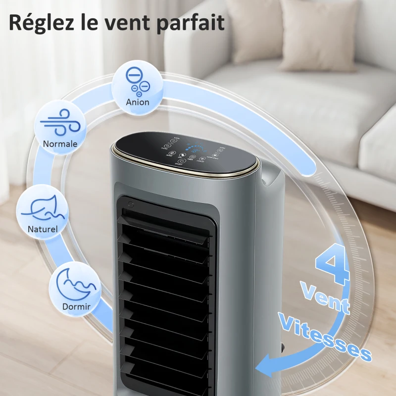 HOMCOM Refroidisseur d'air mobile 4 en 1 humidificateur purificateur ventilateur, oscillation 90°, 4 vitesses, 3 modes, gris