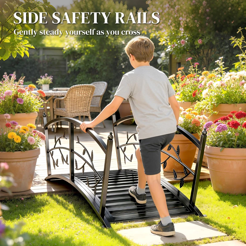 Outsunny 1.2M Metal Garden Bridge with Safety Railings, Outdoor Pond Bridge, Arch Decorative Footbridge for Creek Stream