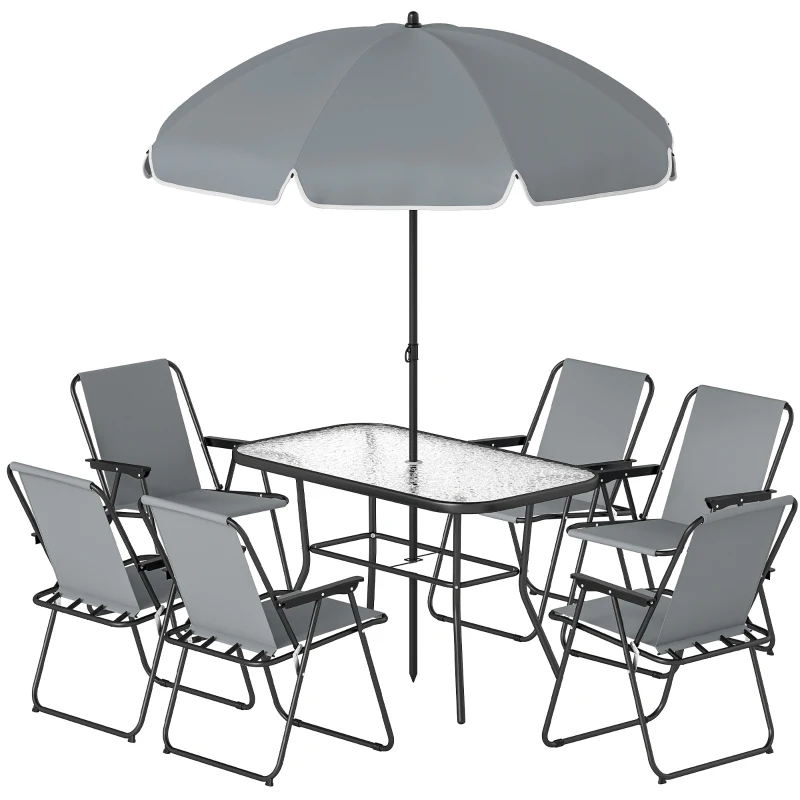 Outsunny Conjunto de Mesa y Sillas Jardín de 8 Piezas con Sombrilla 6 Sillas Plegables Mesa de Vidrio Templado Gris